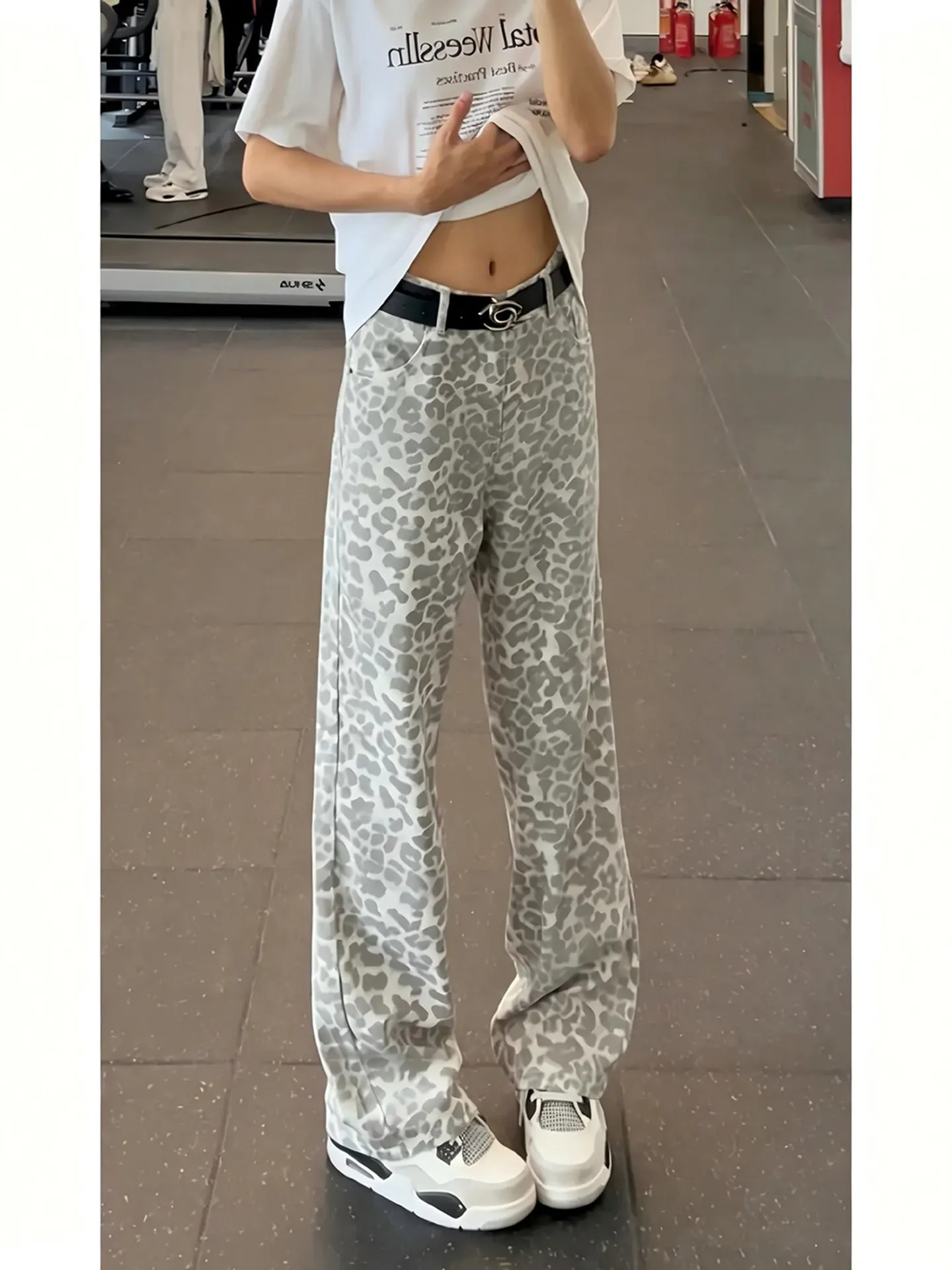 American Street Style Vintage Leopard Print Men's Jeans Draping Straight Leg Wide Leg Pants Luxury Floor-Length Trousers