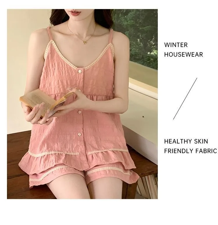 Damen Sommer Dünnes Camisole-Pyjama mit Brustpolster, Lässiger Jugendlicher Sexy Stil Hausanzug-Set, Damen Sommerkleidung – Detail 11