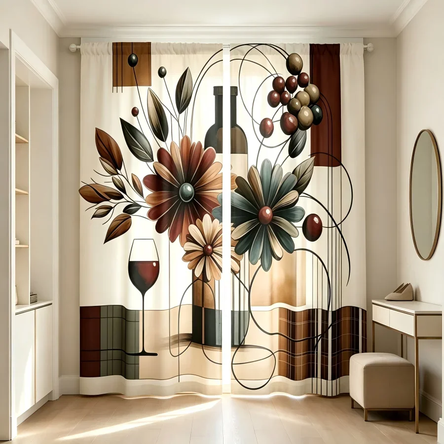 2PCS Digital Print  Curtain, Burgundy Flowers, Bohemian Style  Curtain Panel for Home Living Room Bedroom Decor