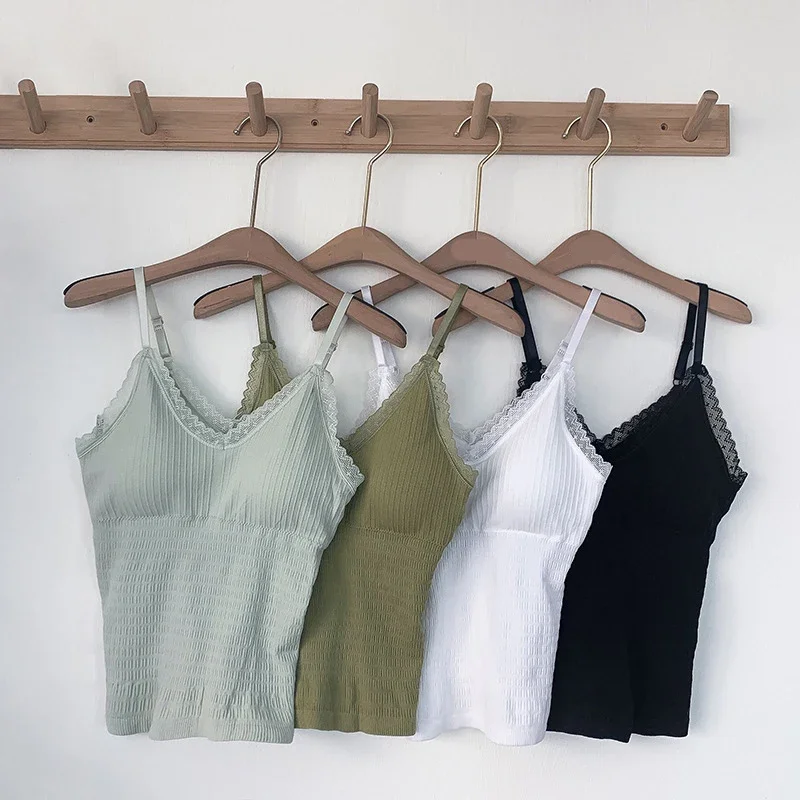 Women Chest Wrap Camisole Summer Lace Tank Top Slim Fit Vest Sleeveless Base V-neck Camisoles Adjustable Strap Chest pad Tops