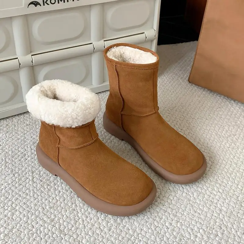 Krazing Pot Kuh Wildleder Wolle Mischung Fell runde Zehen Winter warme lässige Plattform Schneeschuhe dicke niedrige Absätze kälte beständige Stiefeletten