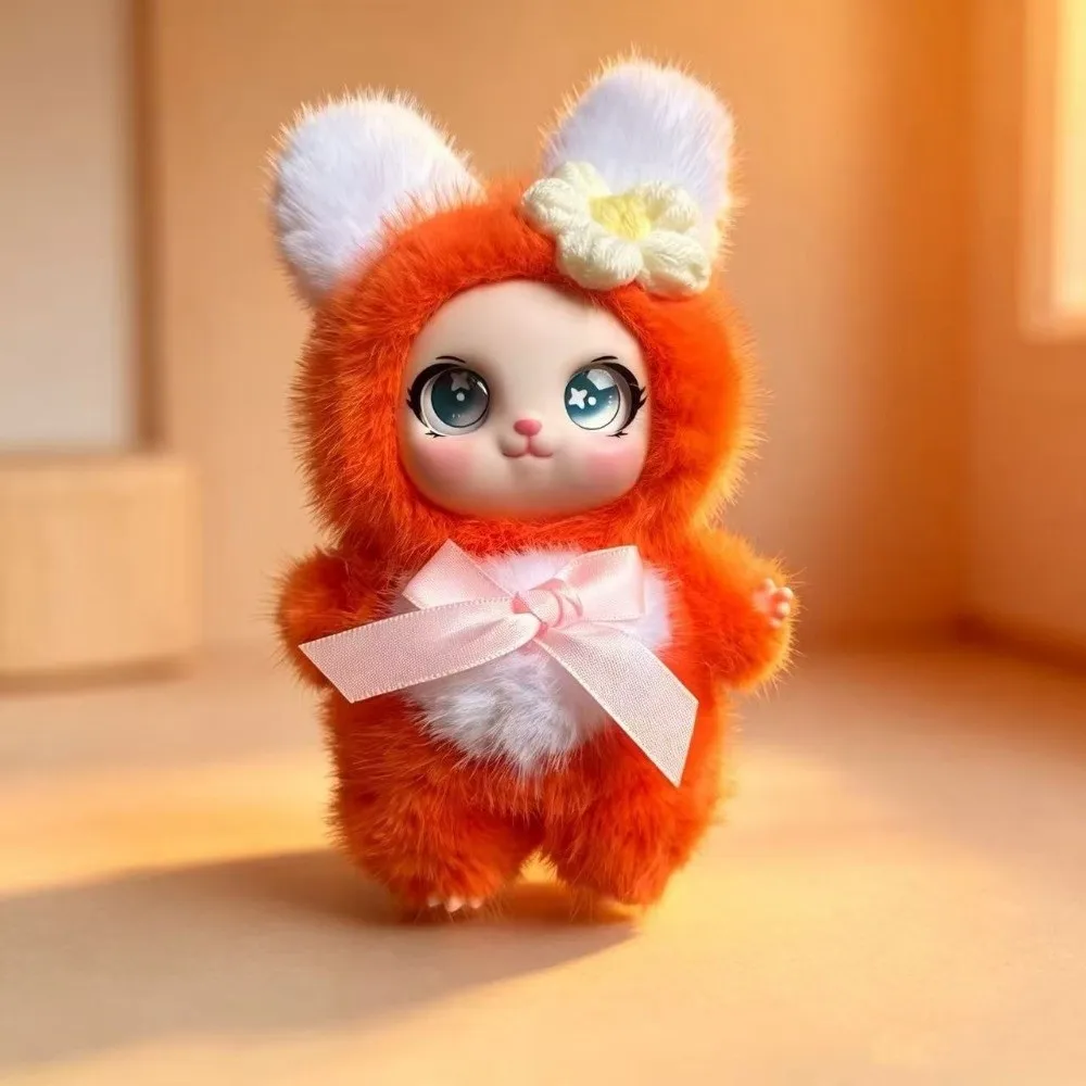Big Ear with Flower Rabbit Doll Figures Ornaments Decorations Rabbit Plush Keychain Fluffy Vinyl Bunny Plush Doll Pendant