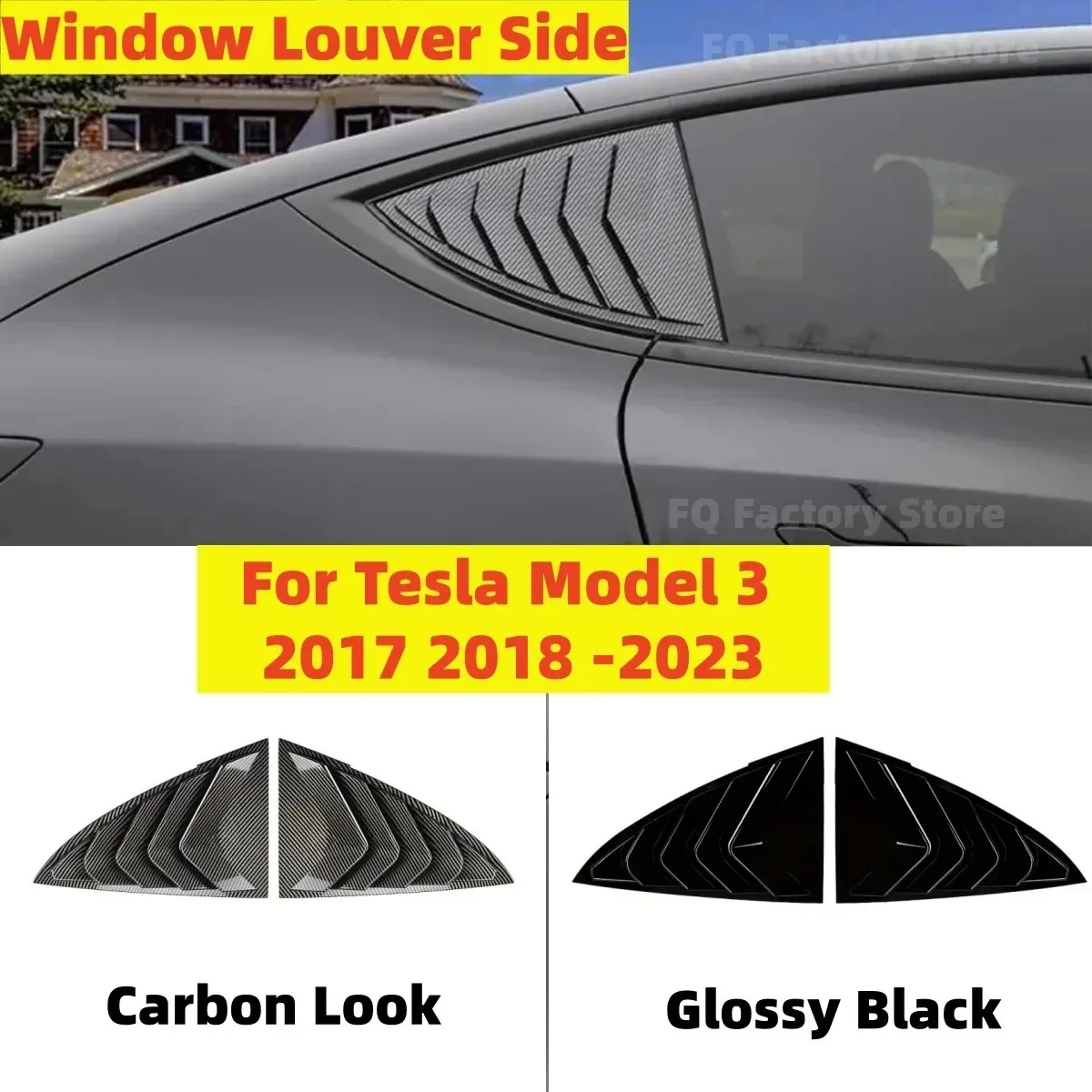 2PCS Rear Side Window Cover Trim Gloss Black/Carbon Look LH+RH For Tesla Model 3 2017 -2023 Side Window Louver Shutter Trim