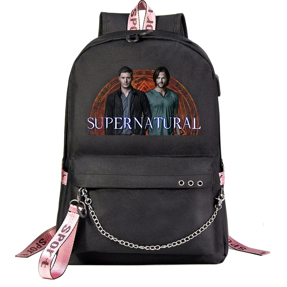 Supernatural Winchester Bros Sam Dean Students School Bag Women Men Causal Travel Laptop Backpack with Charging USB Teenager