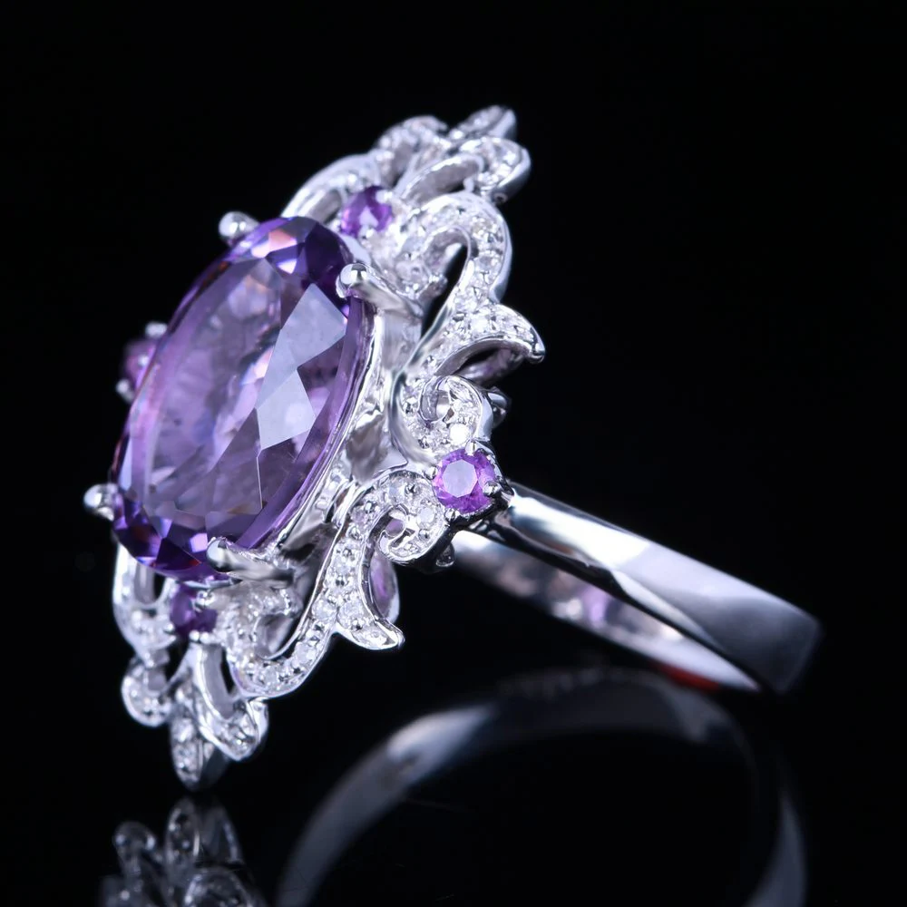 HELON Oval 4.5CT Genuine Natural Amethyst 925 Sterling Silver Diamonds Ring For Women Engagement Special Flowers Fine Jewelry