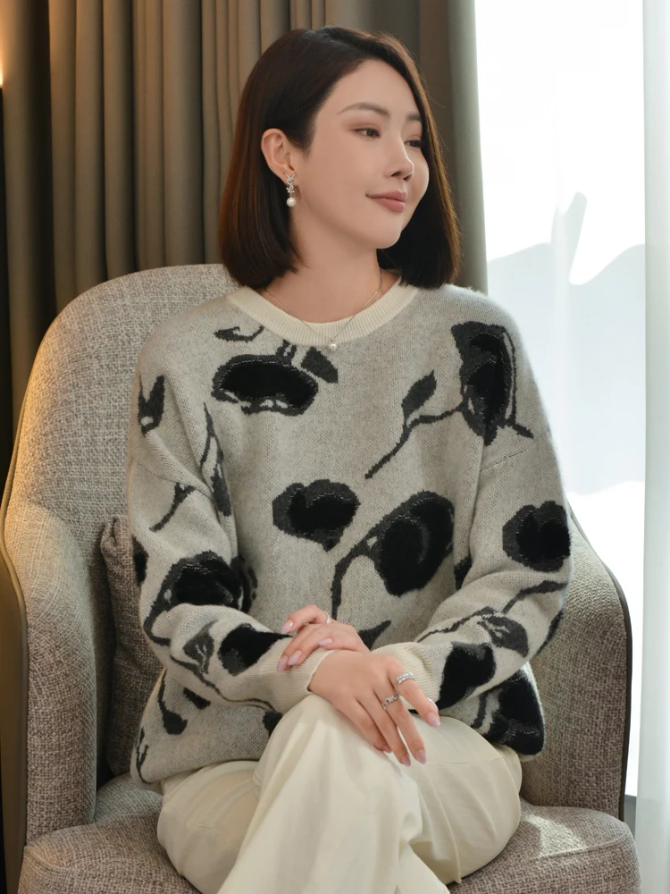 

New Chic Women O-Neck Pullover Sweater 100%Merino Wool Knitwear Thick Soft Warm Autumn Winter Casual Loose Retro Floral Pattern