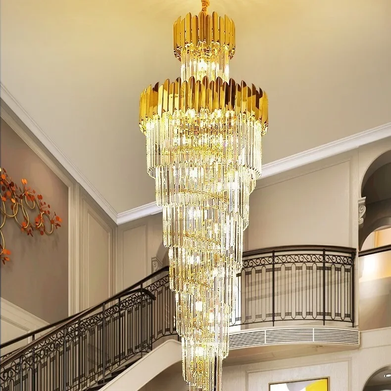 Stair lamp Long chandelier Villa duplex floor Living room lamp Large chandelier Hollow rotating building Middle floor Crystal