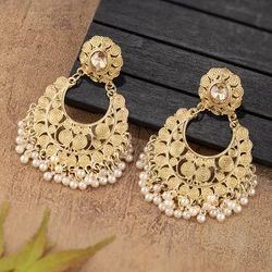 Luxury Ethnic Gold Color Indian Jhumka Earrings Women Vintage Crystal Flowers Pearl Tassel Earring 2023 Wedding Brincos Jewelry