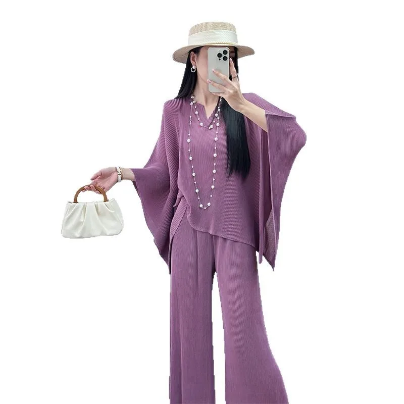 Cor sólida plissado superior calças de cintura elástica irregular conjunto de duas peças premium sentido miyake 2025 verão moda feminina terno