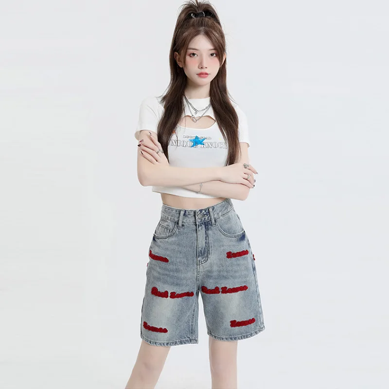 Retro Letter Embroidered Denim Shorts Women's Summer High Waist Loose Straight Half Pants Jeans Fashion Streetwear Female