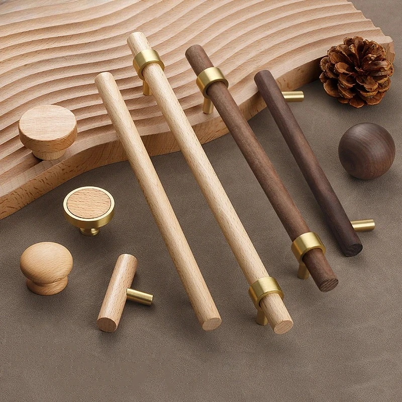 

Luxury Pure Copper Kitchen Cabinet Knob Natural Walnut Beech Wooden Furniture Kitchen Door Handle Wardrobe Cupboard Drawer Pulls
