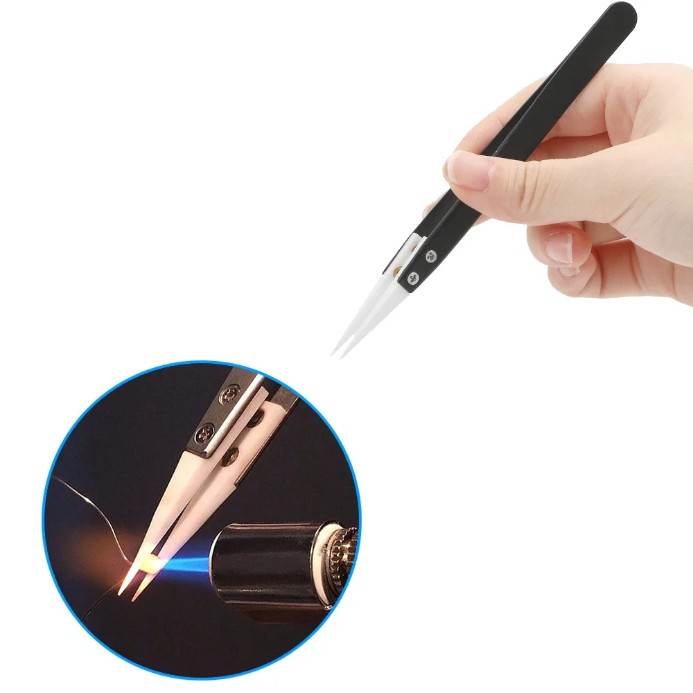 Anti-static Tweezers Ceramic Tweezers with Stainless Steel Handle Straight Aimed Tweezers Heat Resistant Tweezer Silver Black