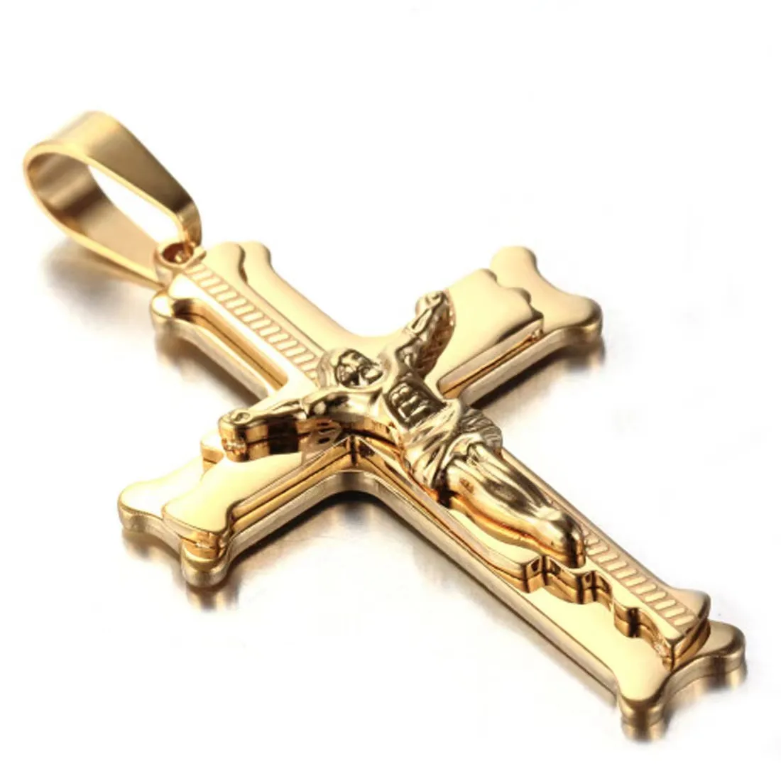 Stainless Steel Big Jesus Cross Pendant With Long Chain Men\'s Gold Color Crucifix Necklaces Male Religious Jewelry Dropshipping