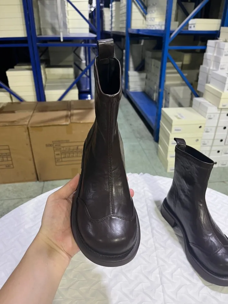 Autumn Winter Womens Genuine Leather Ankle Length Boots Solid Color Sheepskin Casual Boots Female Round Toe Block Heels Footwear