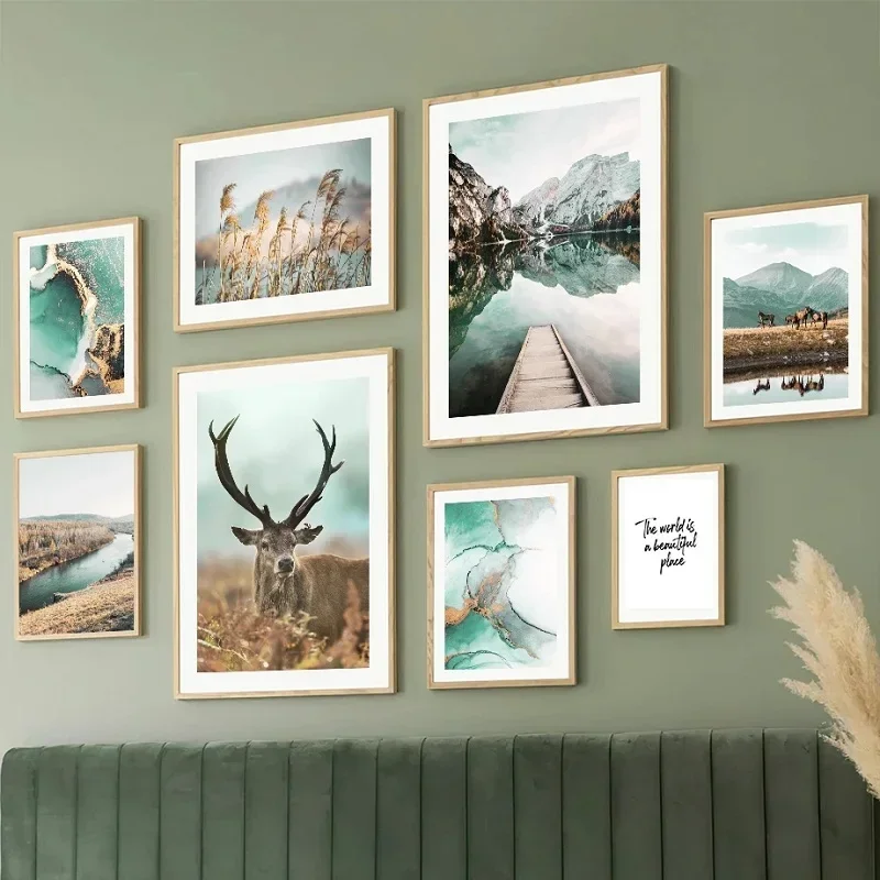Modern Canvas Painting Autumn Landscape Green Lake Mountain Elk Poster Home Living Room Bedroom Background Wall Picture Decor