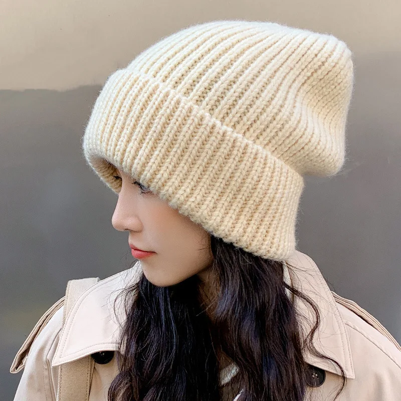 Czapka zimowa dla kobiet Solid Color Stripe Knit Beanies Loose Elastic Heap Heap Cap Warm Thicken Bonnet Fashion Woolen Pullover Cap