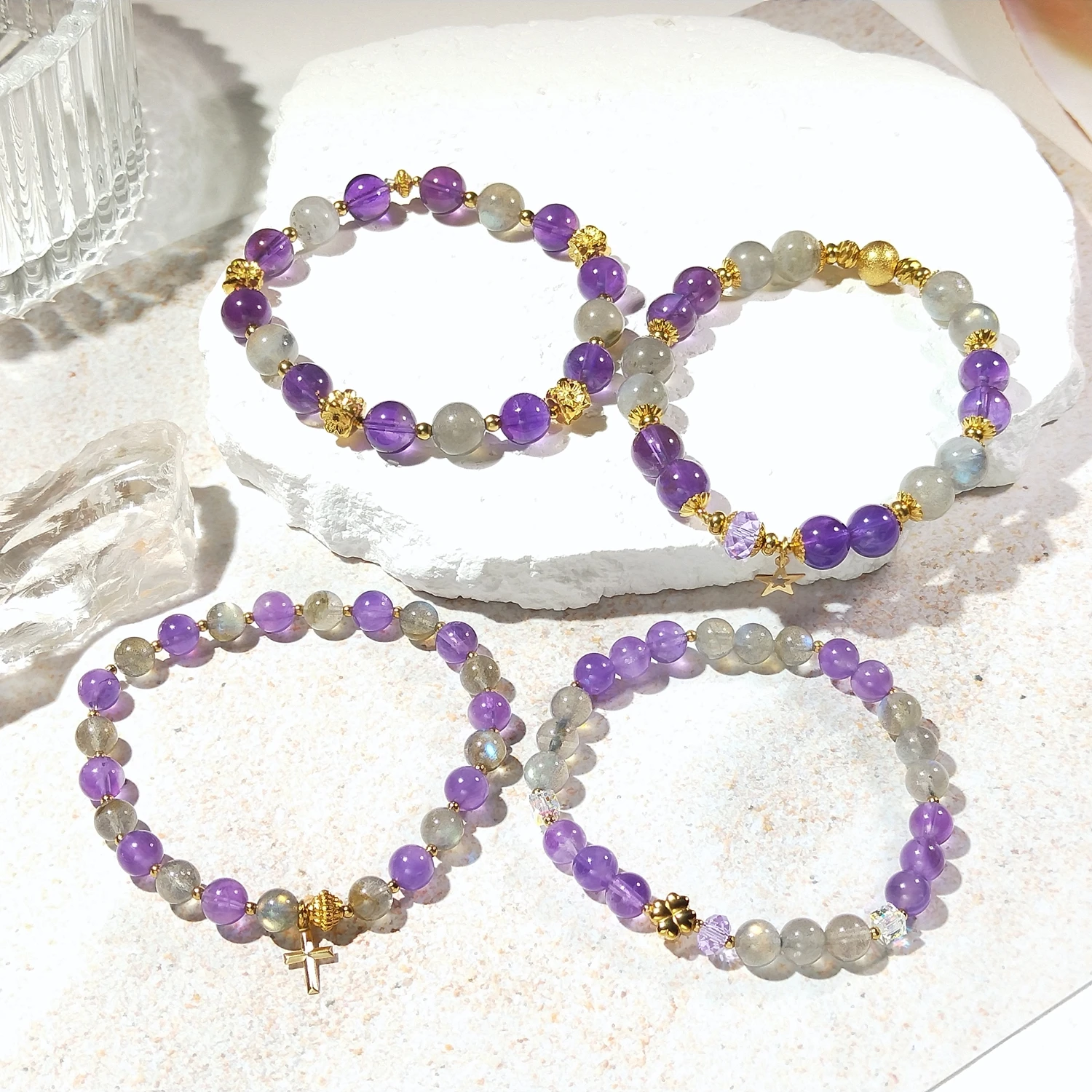 

Lii Ji натуральный лабрадорит аметист 6 мм/8 мм эластичный браслет из нержавеющей стали ручной работы Bohe модные украшения