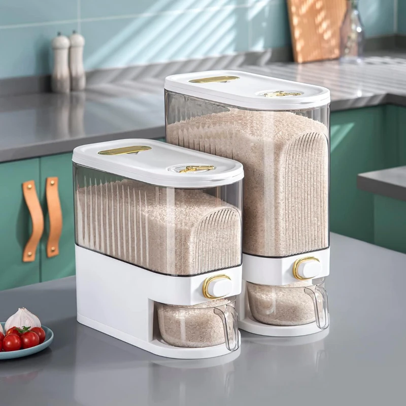 Dispensador de Arroz de 5/10L, Contenedor de Almacenamiento Grande para Despensa con Taza Medidora y Marcas de Tiempo para Almacenar Granos y Alimentos en la Cocina