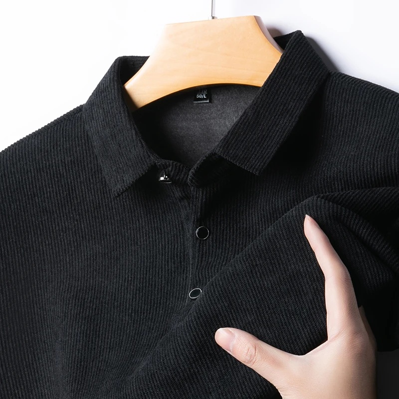 Winter Men's Long Sleeved T-shirt with Thick Fleece Collar As Base, Business Casual Striped Fleece Warm Polo Shirt Top