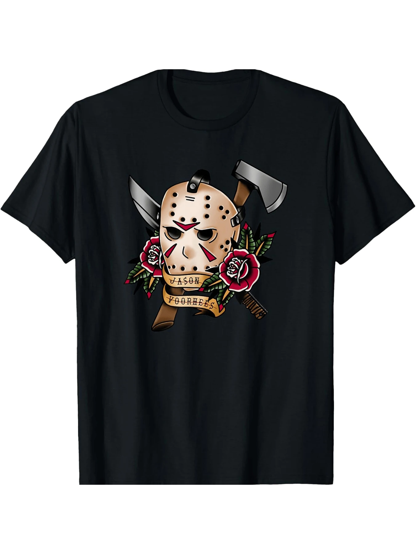 

Jason Voorhees Mask With Axes And Roses Men and women short sleeve T-shirt black round neck