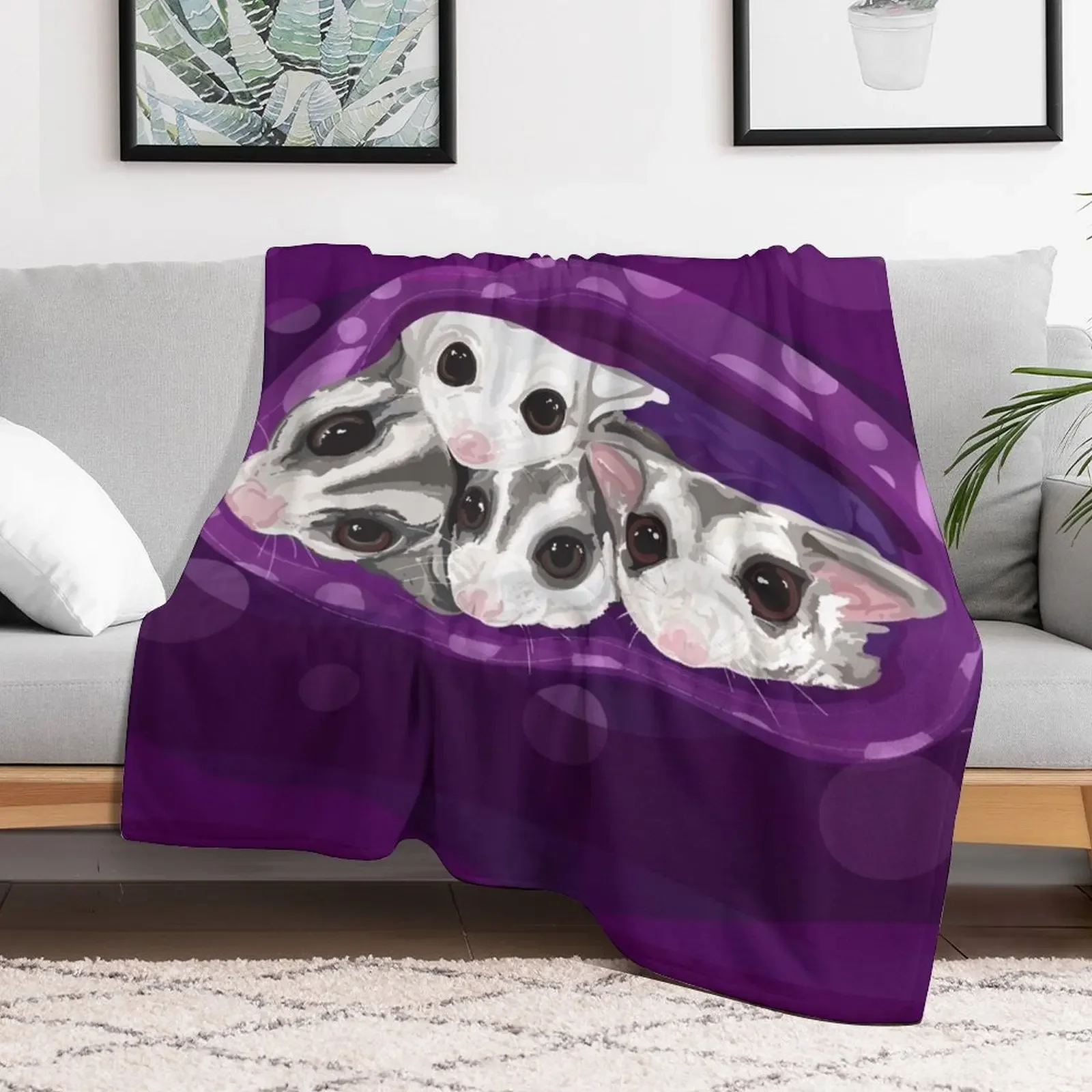 Adorable Sugar Glider Digital Artwork, Cuddle Gliders Throw Blanket Stylish Warm Blanket for Living Room Bedroom