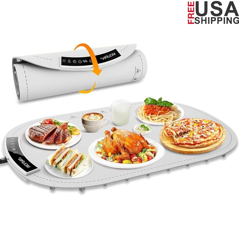 Electric Food Warming Mat with 7 Temp Settings 1-4H Timer Child Safety Lock Full Surface Heating Efficient Food Warmer Parties