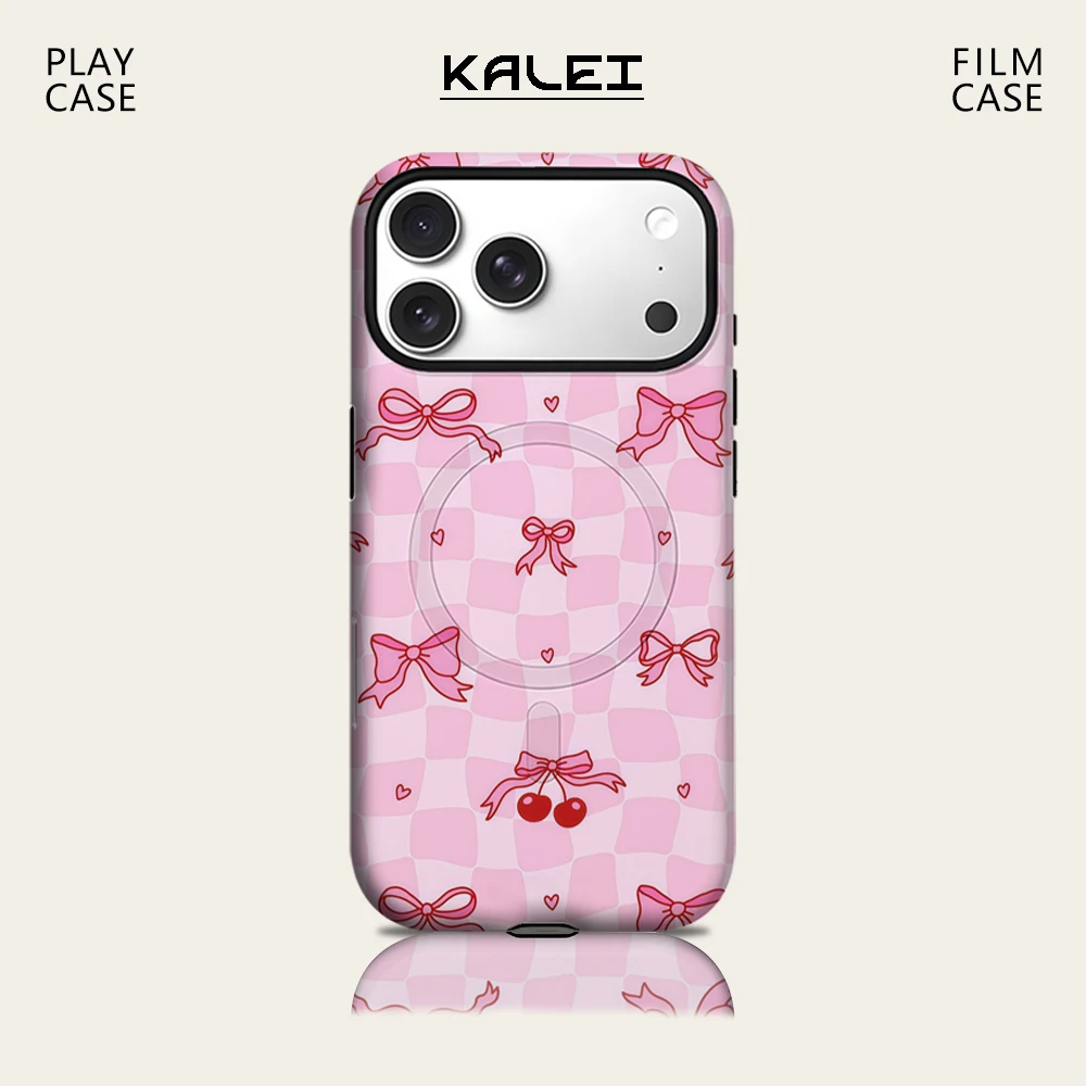 Blush Checkerboard Bow Handyhülle für IPhone 17 16 15 14 13 Pro Max Plus für magnetische einzelne doppelschichtige robuste Hülle