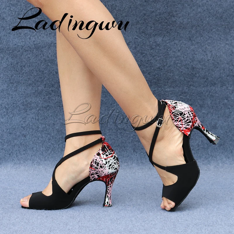 Ladingwu-zapatos de baile latino para mujer y niña, sandalias de ante con grafiti, para salón de baile