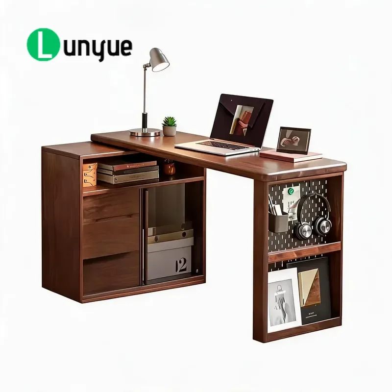 Black Walnut L Shaped Corner Desk with Locker 2 in 1 Bedside Table Writing Desk for Bedroom Home Office Space Saving Storage