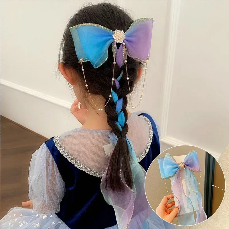 Meisjes schattige elegante mesh striklint haarclip met faux parel kwastje kristaldecoratie kleurrijke chiffon hoofddeksels voor feestkinderen