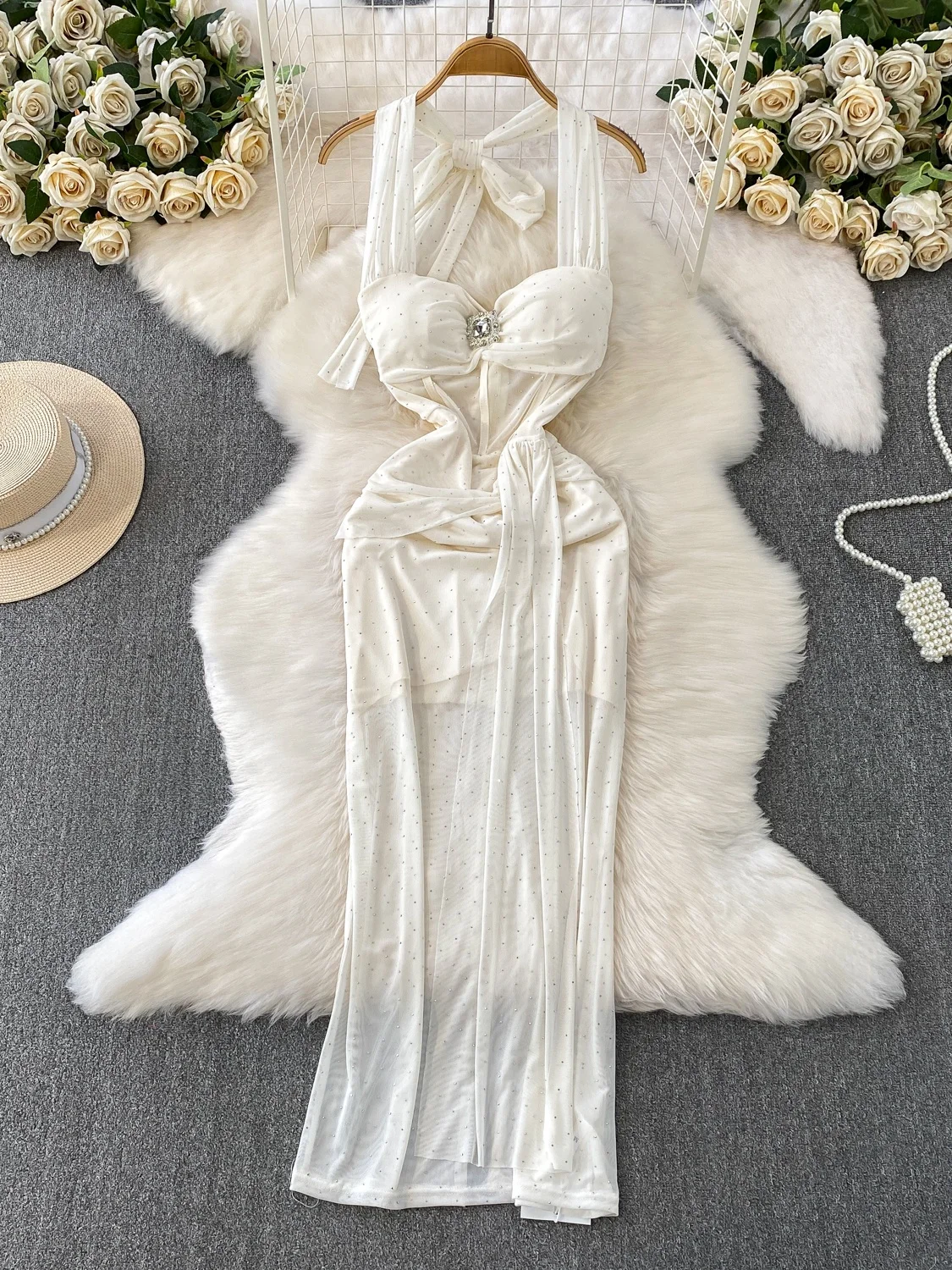 

Элегантная женская длинная юбка A-силуэта с высокой талией, драпировкой из тюля и блестящими стразами, весна-лето