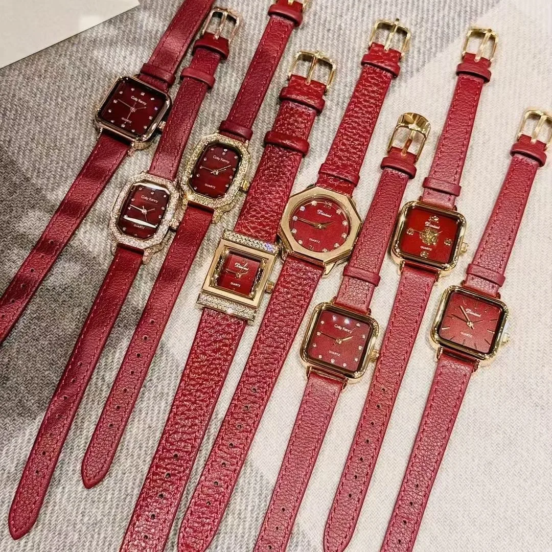 우아한 여성용 시계, 버건디 가죽 스트랩이 있는 2025년 신형 여성용 시계, 고급 시계, 여성용 주얼리, 여성용 선물