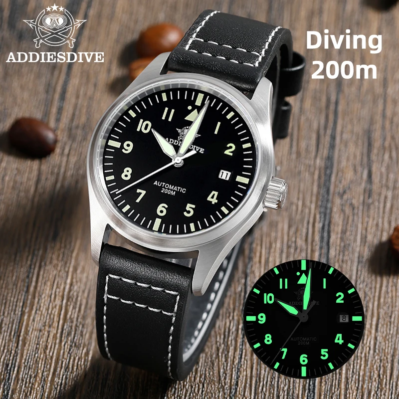ADDIESDIVE AD2519 Classic Men Wristwatch Stainless Steel 8215 Automatic Mechanical 39mm Sapphire Glass Diver Watch with Leather