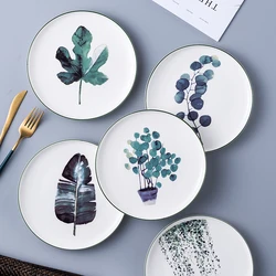 Ceramic Breakfast Plate, Nordic Green Plant Pattern Tableware, Home Kitchen, Fruits, Desserts, Pizza Plate 8-10 Inches