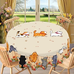 1 Piece of Cute Cat Round Tablecloth, 5 Sizes Available, Cute Cartoon Cat Pattern Printed Desk Tablecloth, Edge Embossing Process, Courtyard Bedroom Decoration, Tablecloth for Daily Home Kitchen, Terrace Use, Spring Decoration