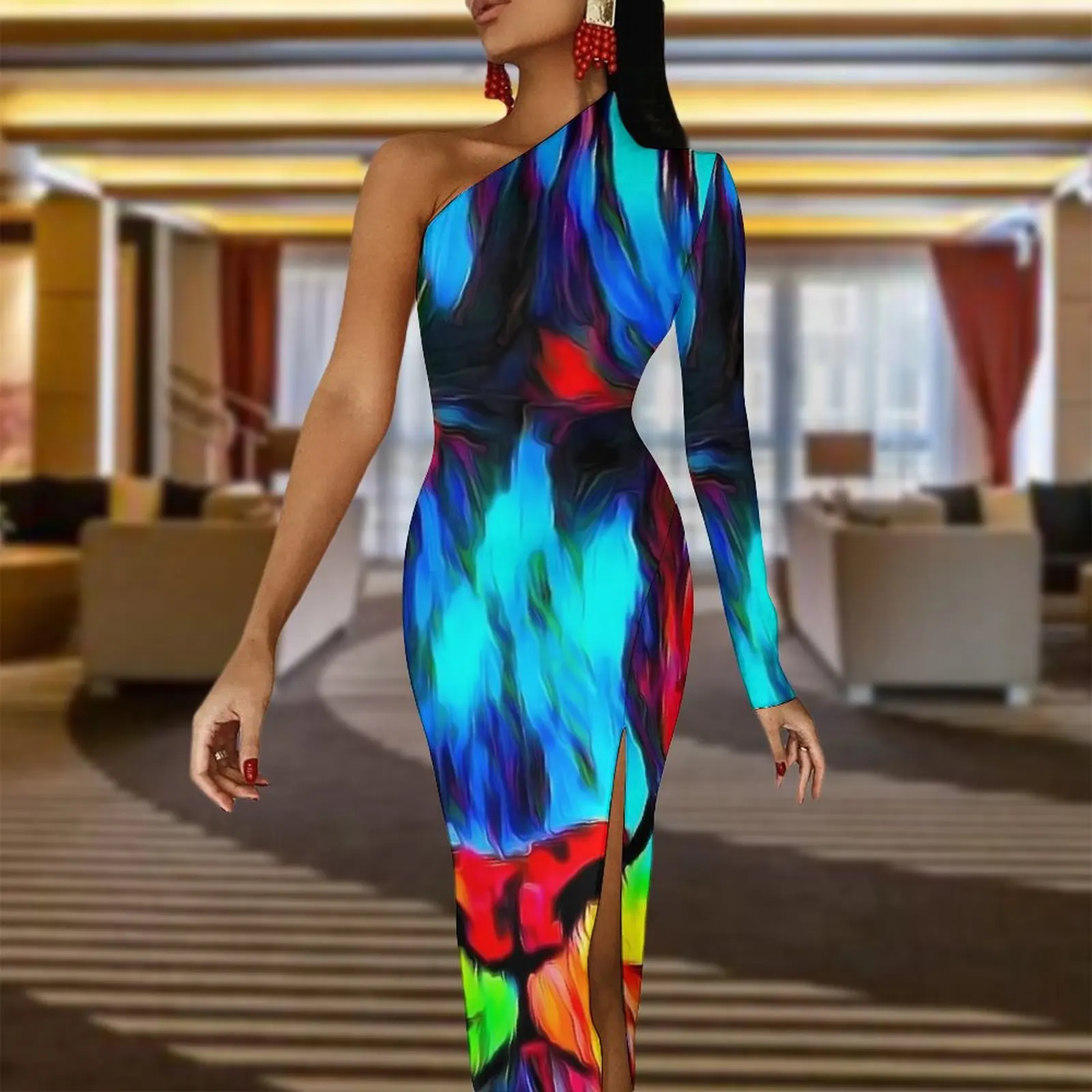 Tger Look Art Painting Bodycon Dress Summer Abstract Animal Retro High Slit Long Dresses One Shoulder Custom Aesthetic Dress