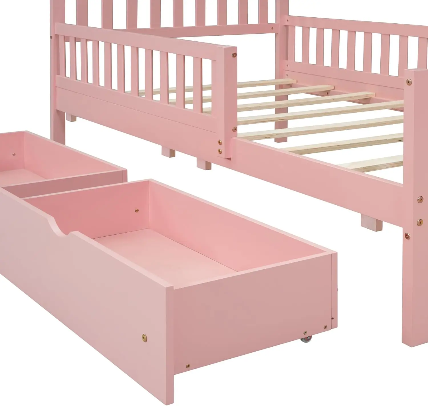 Twin Bed Frame with Storage Drawers and Safety Guardrails on Both Sides, Wood Platform Bed & Headboard and Footboard