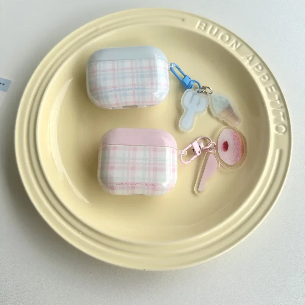 Ins Blue Pink Plaid Ice Cream Donut Pendant Cover Case For AirPods 1 or 2 3 Pro 2