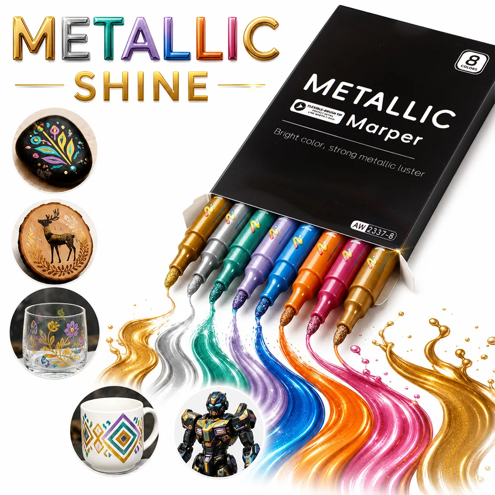 

8 Colors Metallic Paint Marker Pens 2-3mm Hard Tip Shiny Metallic Markers Ceramic Glass Mug DIY Crafts Card Model Painting Art