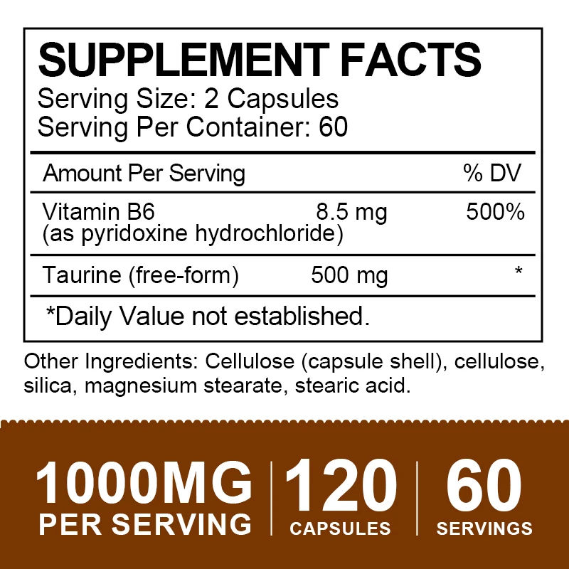 Taurina Cápsulas Suporta Sistema Nernograph, Suporta Cardiogram Health, Inclui vitamina B6 para utilização