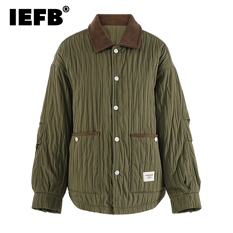 IEFB Vintage Turn-down Collar Male Padded Jackets Patchwork Single Breasted Contrast Color Loose Cargo Male Coats Chic CPG2524