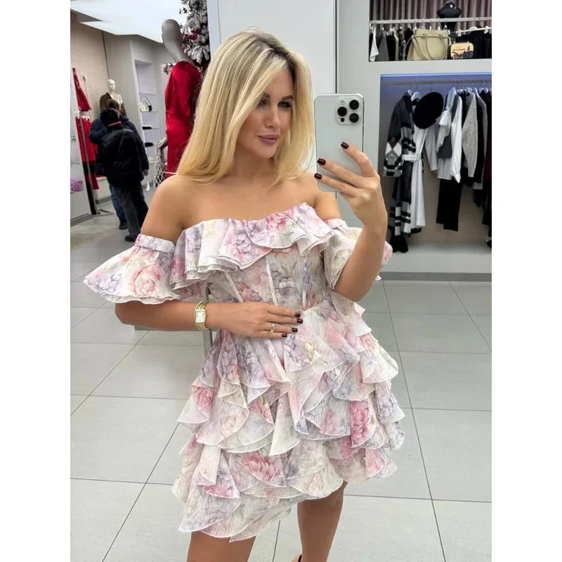 JINIA Floral Mesh Mini Dress Ruffles Pleated Sleeve Sexy High Waist A-line Beach