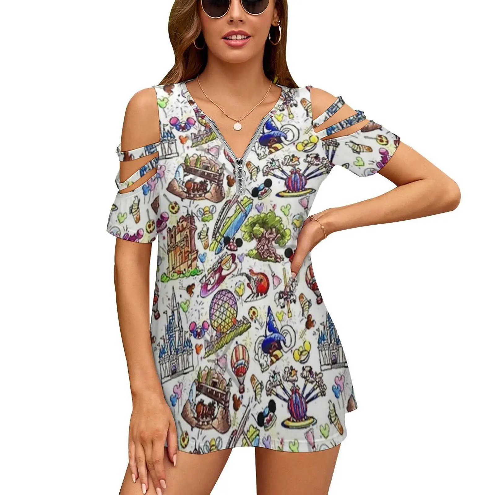 Full Action Women's T-Shirt New Fashion Printed Zipper V-Neck Short Sleeve T Shirts Casual Plus Size Park Rides Studios Animal