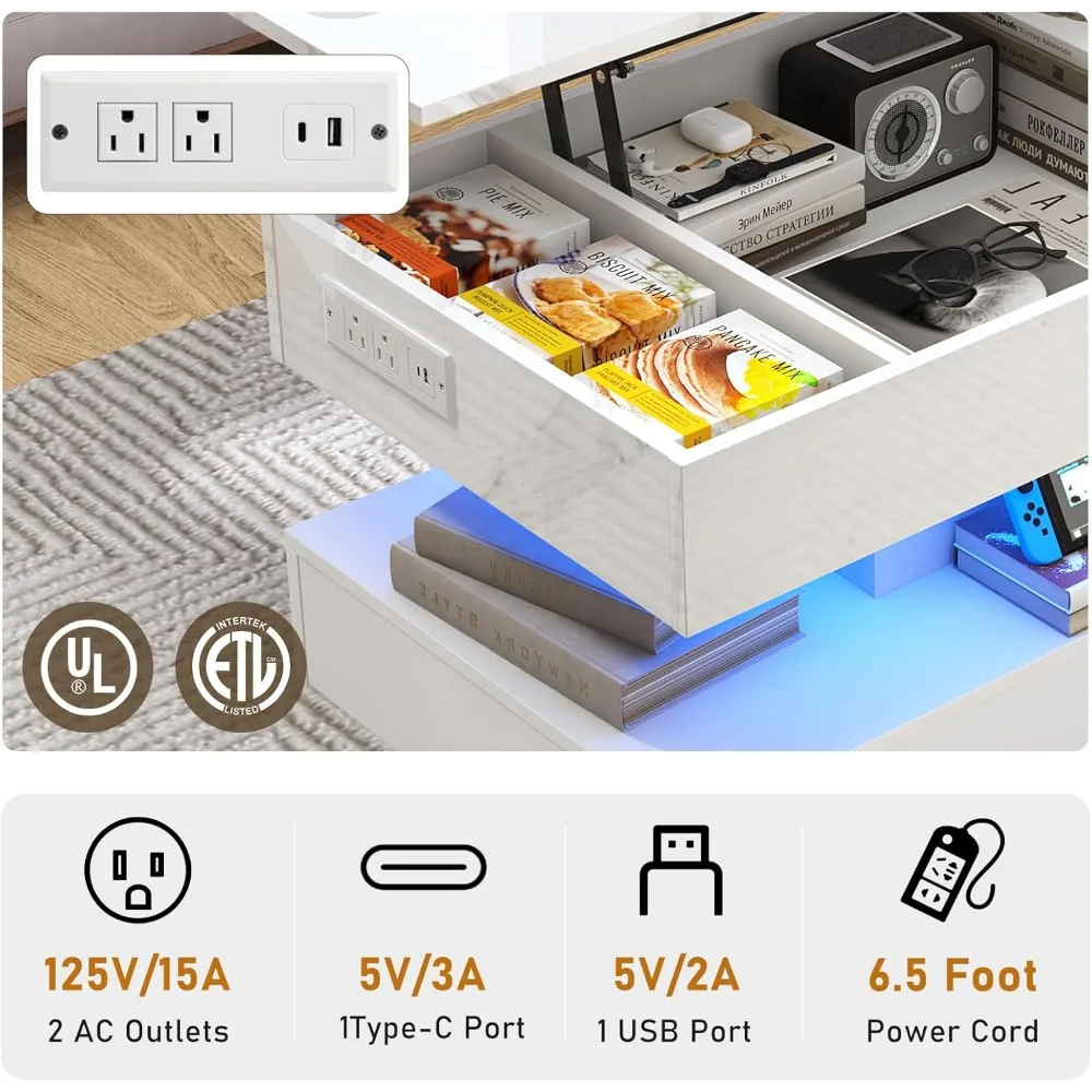 39.4 Grande table basse relevable avec station de recharge, table centrale moderne à LED haute brillance avec compartiment de rangement caché, Whi