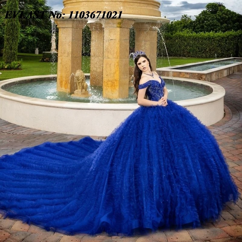 Evolt personalizado méxico azul real quinceanera vestido de baile renda applique contas espartilho doce 16 vestidos de xv 15 anos sq137