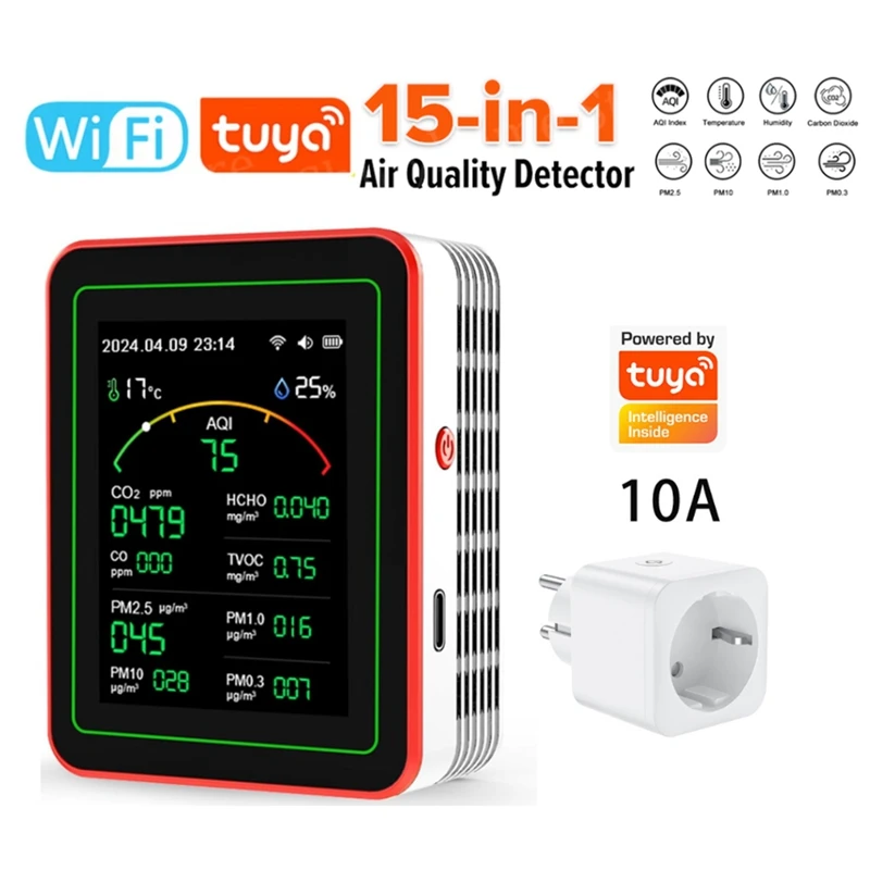مراقبة جودة الهواء 15 في 1 جهاز اختبار جودة الهواء الذكي مع PM CO 2 CO TVOC HCHO عرض درجة الحرارة والرطوبة B قابس الاتحاد الأوروبي