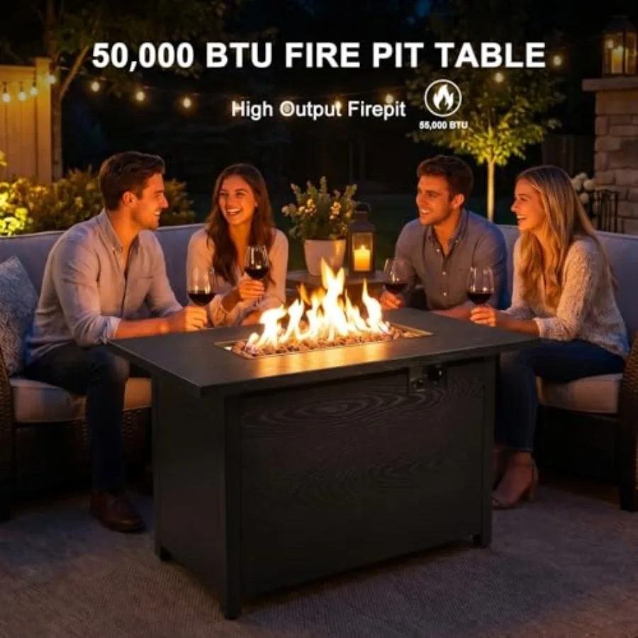 Outdoor propane fire pit table for patio, backyard, deck, balcony; steel construction, black; 50, 000 BTU output, 2-in-1 design