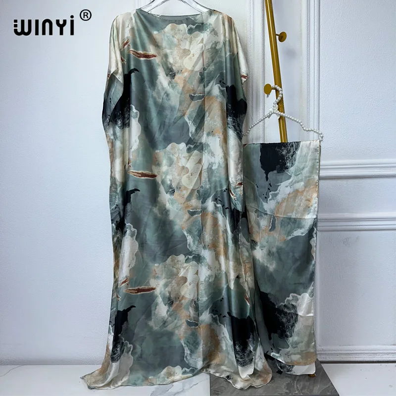 WINYI abaya damska sukienka muzułmańska abstrakcyjny nadruk wycięcie pod szyją z długim rękawem sukienka Kaftan, elegancka sukienka Maxi, odzież