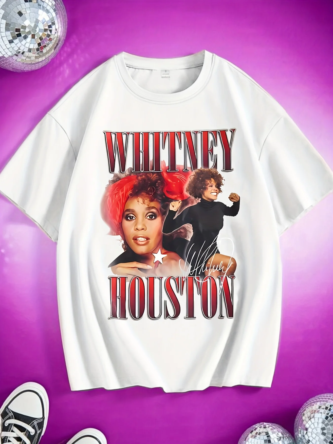 

Women's Whitney Houston Graphic T-Shirt - Oversized Short Sleeve Summer Tee with Iconic Pose & Bold Letter Print, Casual