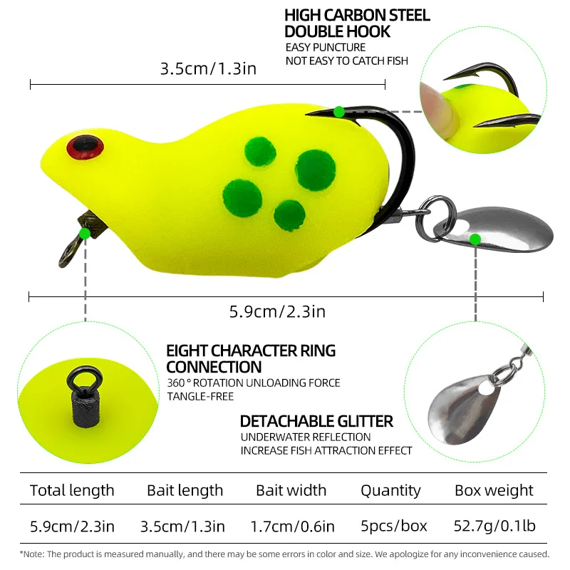 ShareShark 5pcs/bag Mini Frog Lure Soft Bait with Glitter, Double Hook, Modified Frog, Black Fish, Pike, Frog Imitation Bait